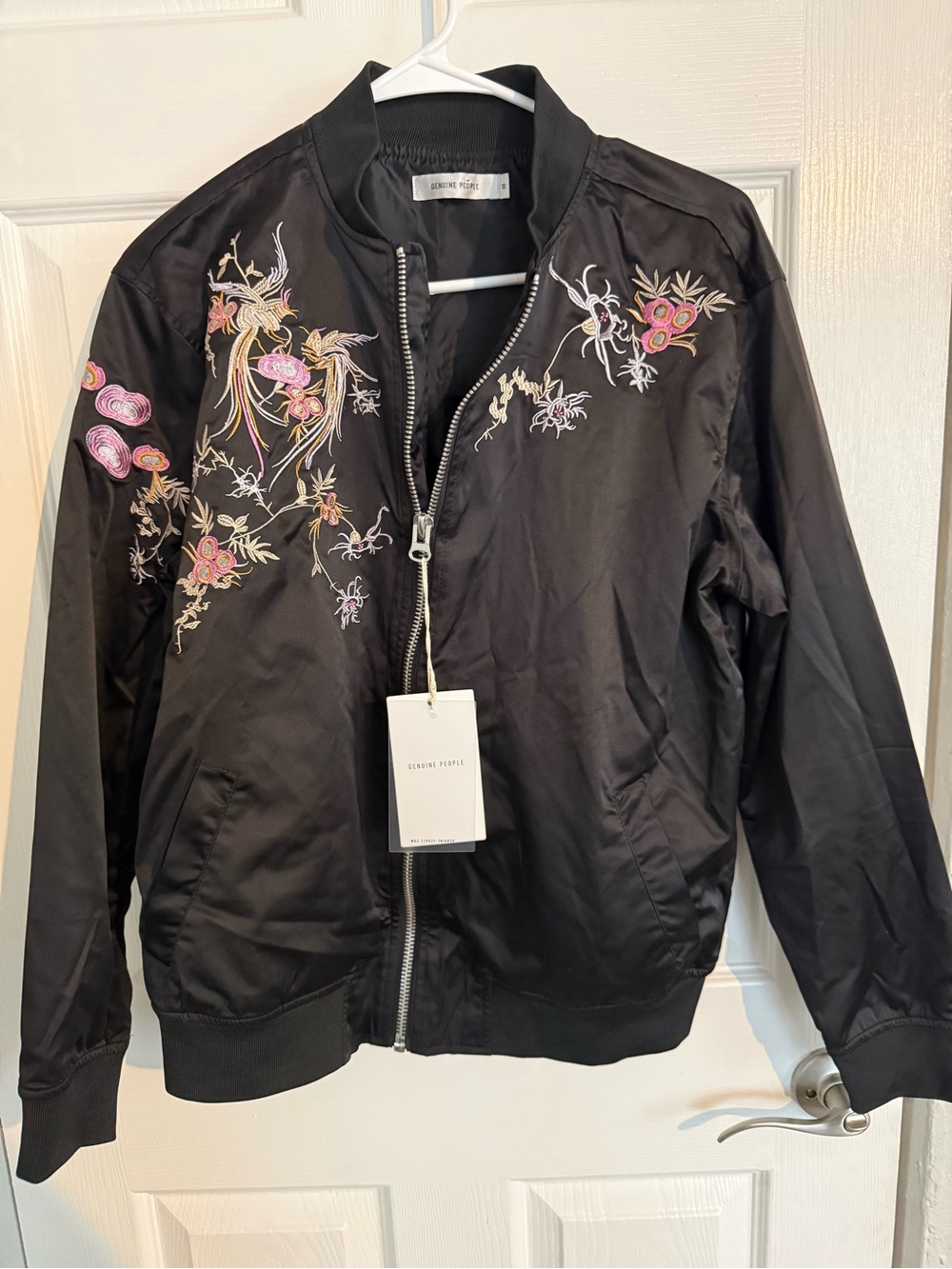 Genuine People Women's Black Embroidered Bomber Jacket - Pink Floral